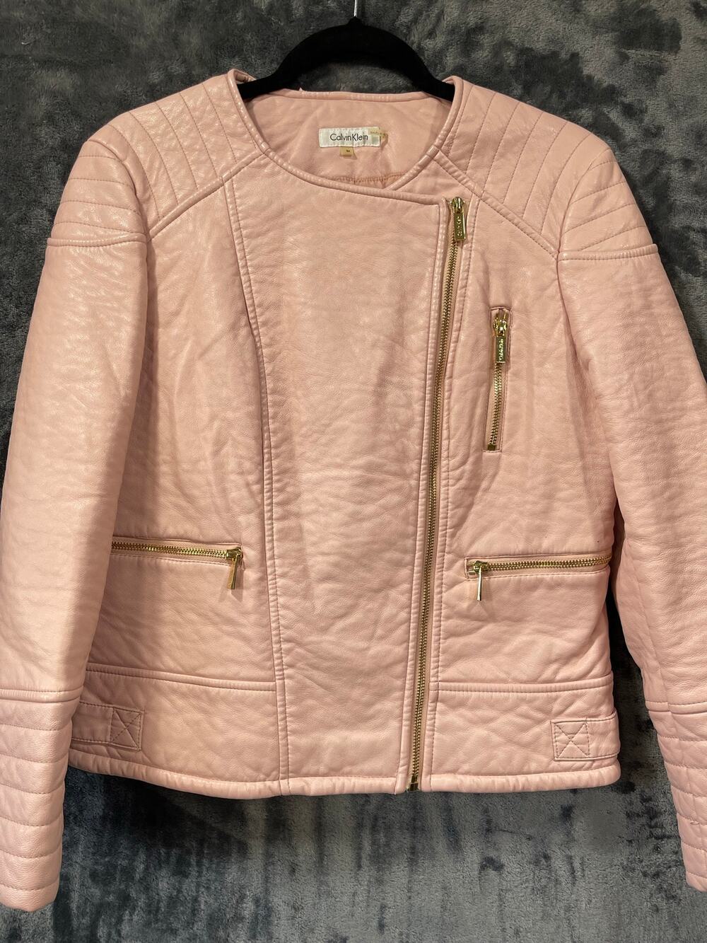 Calvin Klein Moto Jacket Medium Blush Pink Faux Leather Gold Hardware Quilted